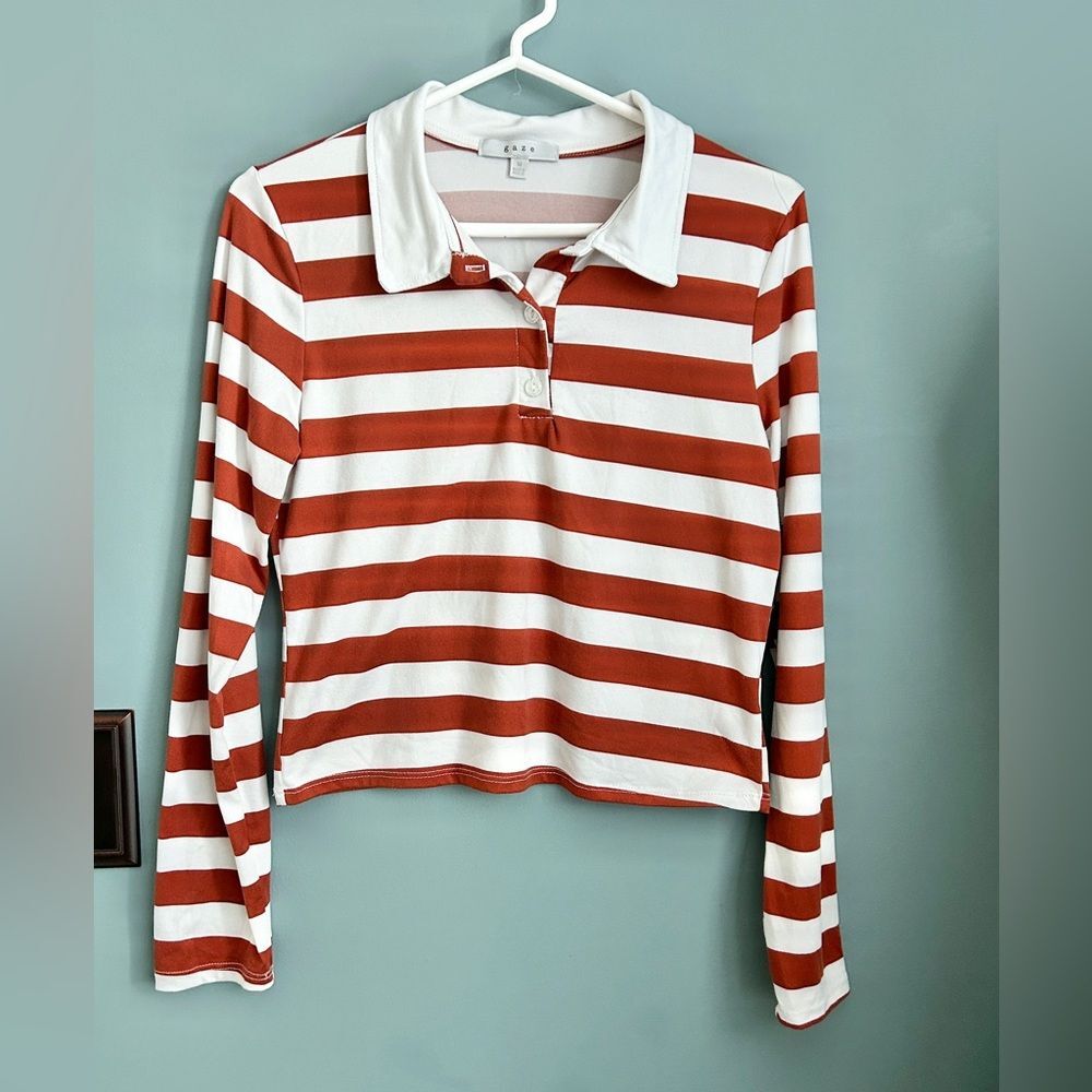 Gaze Dark Red and White Striped Button Down Long Sleeve Shirt Size Medium